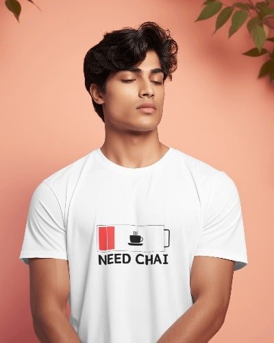 Need Chai T-Shirt in 100% cotton, available in gray, black, and white, designed for chai lovers. Unisex casual tee, neatly folded with a simple, stylish design.