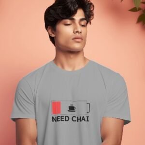 Need Chai T-Shirt in 100% cotton, available in gray, black, and white, designed for chai lovers. Unisex casual tee, neatly folded with a simple, stylish design.