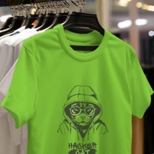 Hacker Cat T-Shirt featuring a quirky cat design, perfect for cat lovers and tech enthusiasts.