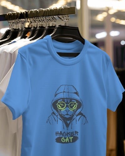 Hacker Cat T-Shirt featuring a quirky cat design, perfect for cat lovers and tech enthusiasts.